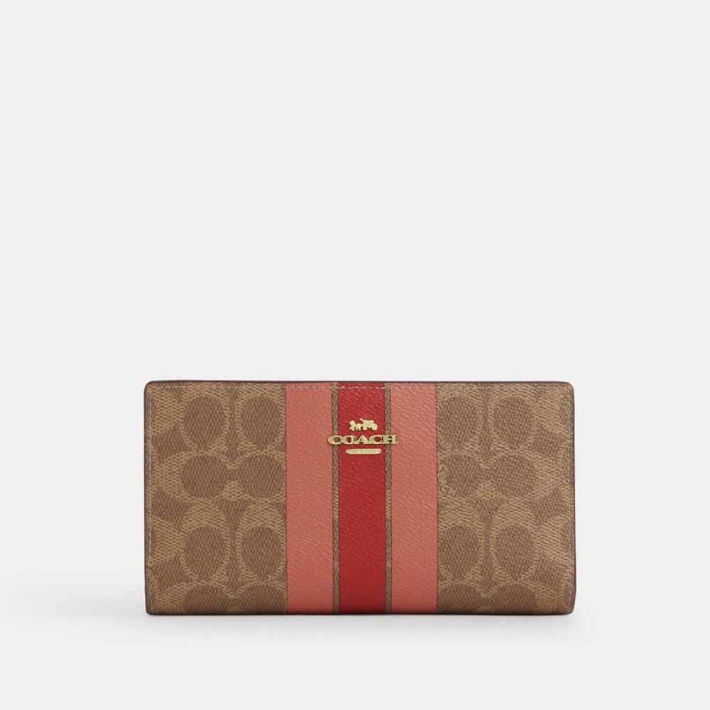 COACH CAP23 Slim Zip Wallet In Signature Canvas With Stripe GOLD/TAN MULTI