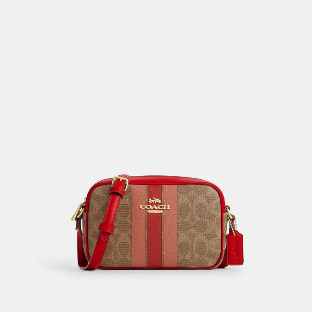 Mini Jamie Camera Bag In Signature Canvas With Stripe - CAQ42 - Gold/Tan Multi