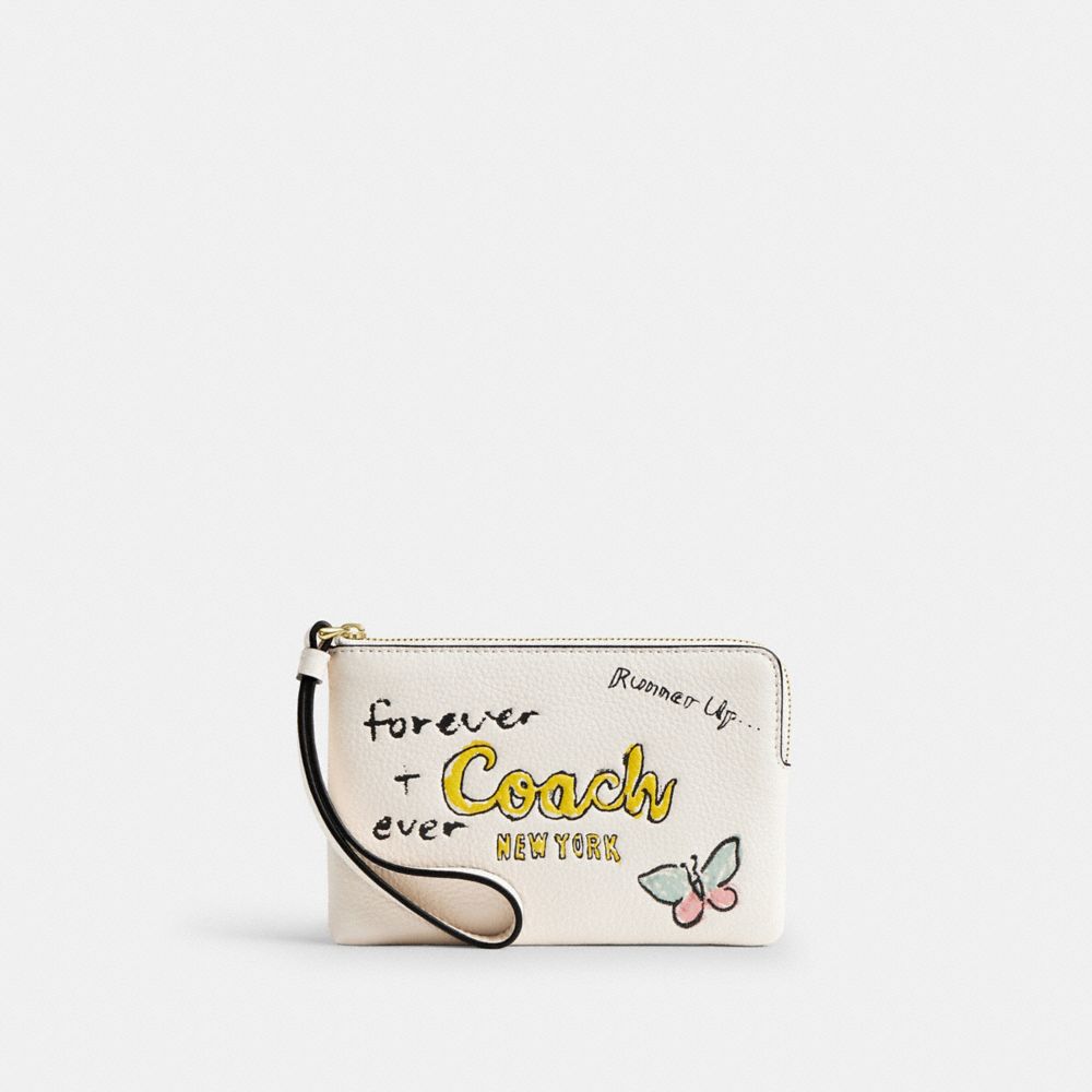 Corner Zip Wristlet With Sketch Print - CAQ54 - Gold/Chalk Multi