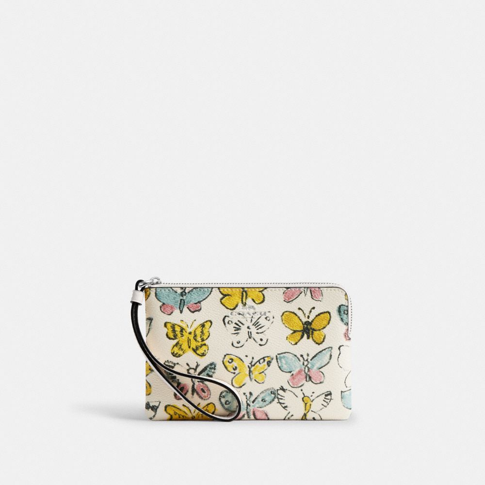 Corner Zip Wristlet With Butterfly Print - CAQ55 - Silver/Chalk Multi