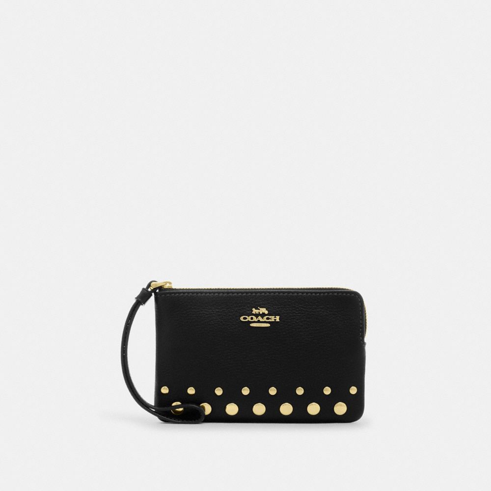 Corner Zip Wristlet With Rivets - CAQ56 - Gold/Black