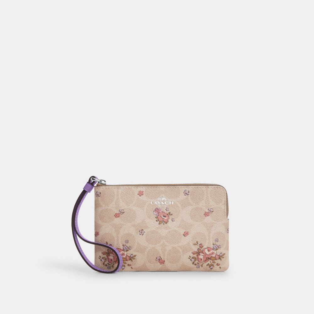 Corner Zip Wristlet In Signature Canvas With Floral Print - CAQ59 - Silver/Sand Multi