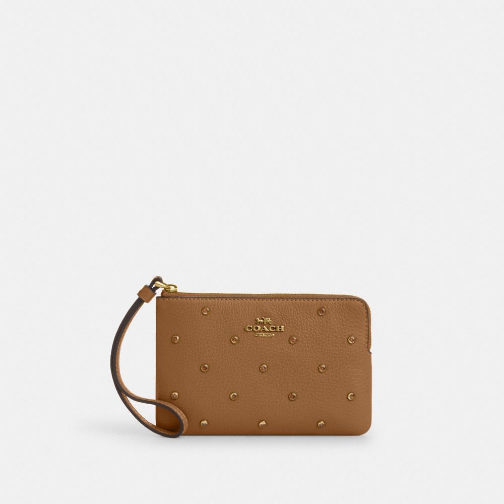 Corner Zip Wristlet With Crystal - CAQ60 - Brass/Honey Brown