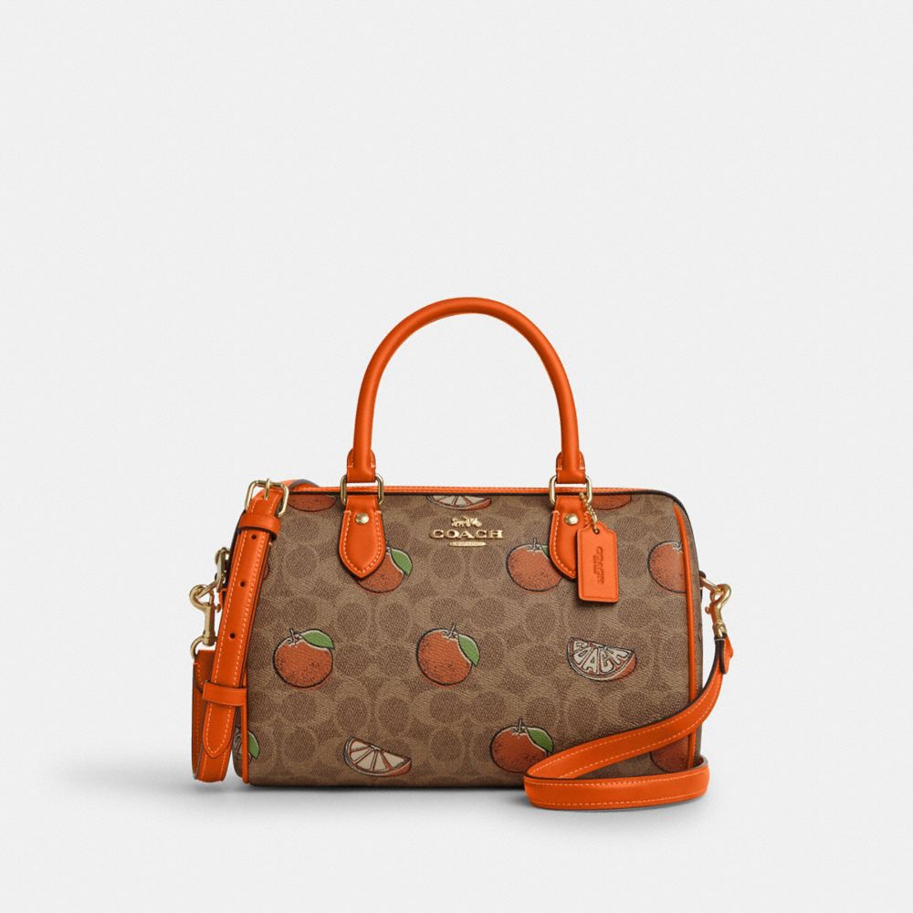 Rowan Satchel Bag In Signature Canvas With Orange Print - CAQ61 - Gold/Tan Multi