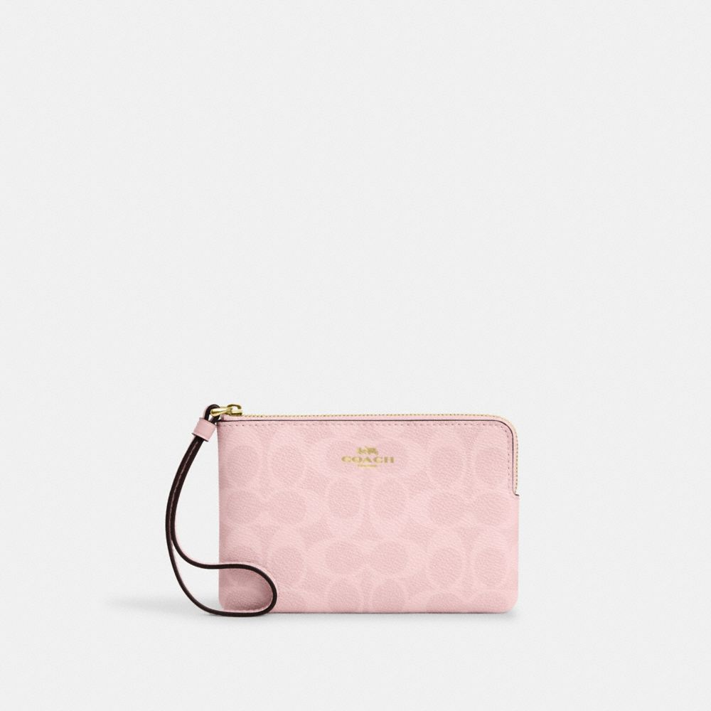 Corner Zip Wristlet In Signature Canvas - CAQ75 - Gold/Powder Pink