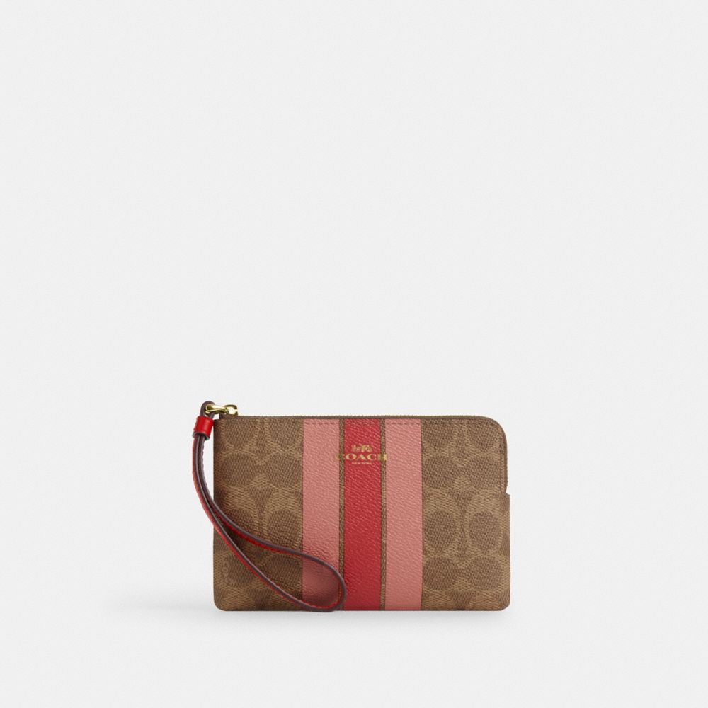 COACH CAQ76 Corner Zip Wristlet In Signature Canvas With Stripe GOLD/TAN MULTI