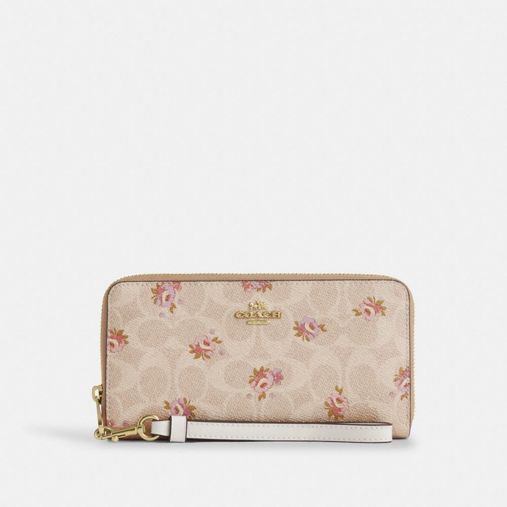 COACH CAR06 Long Zip Around Wallet In Signature Canvas With Floral Print GOLD/SAND MULTI