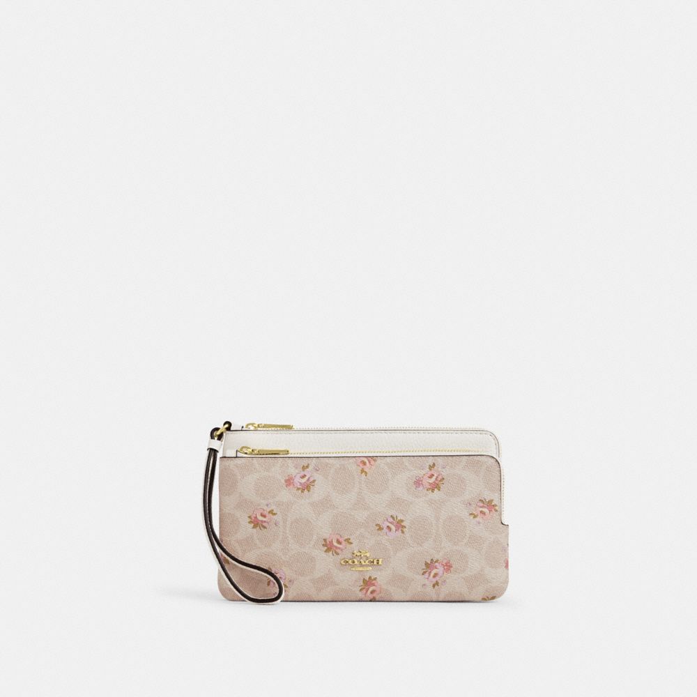 Double Zip Wallet With Signature Canvas With Floral Print - CAR09 - Gold/Sand Multi