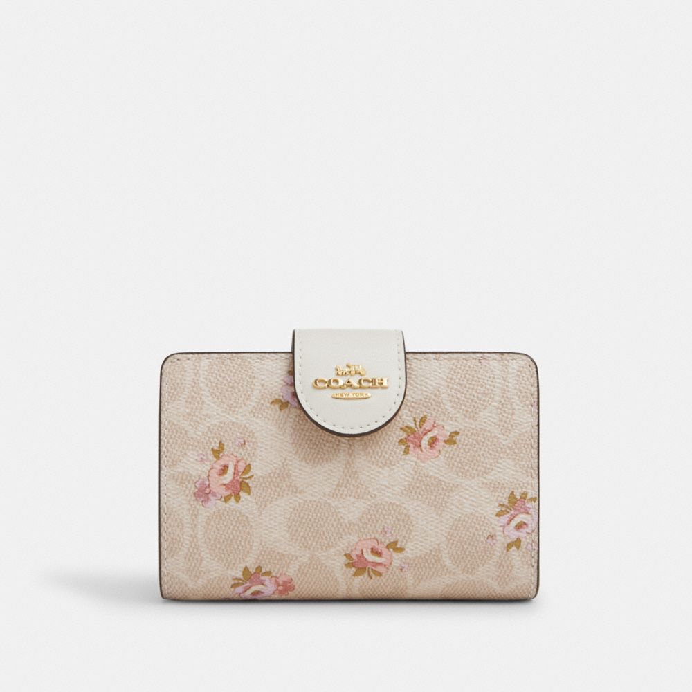 Medium Corner Zip Wallet In Signature Canvas With Floral Print - CAR13 - Gold/Sand Multi
