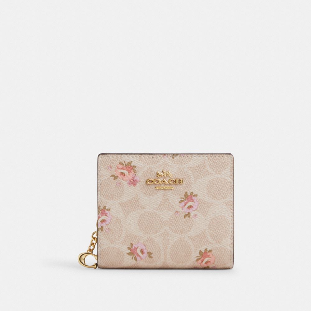 Snap Wallet In Signature Canvas With Floral Print - CAR14 - Gold/Sand Multi
