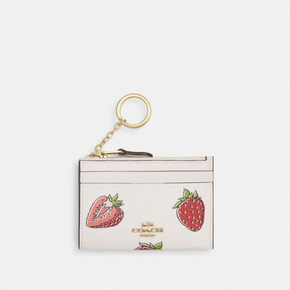 COACH CAR17 Mini Skinny Id Case With Strawberry Print GOLD/CHALK MULTI