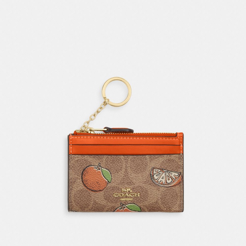COACH CAR21 Mini Skinny Id Case In Signature Canvas With Orange Print GOLD/TAN MULTI