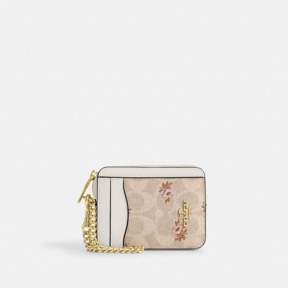 Zip Card Case In Signature Canvas With Floral Print - CAR25 - Gold/Sand Multi