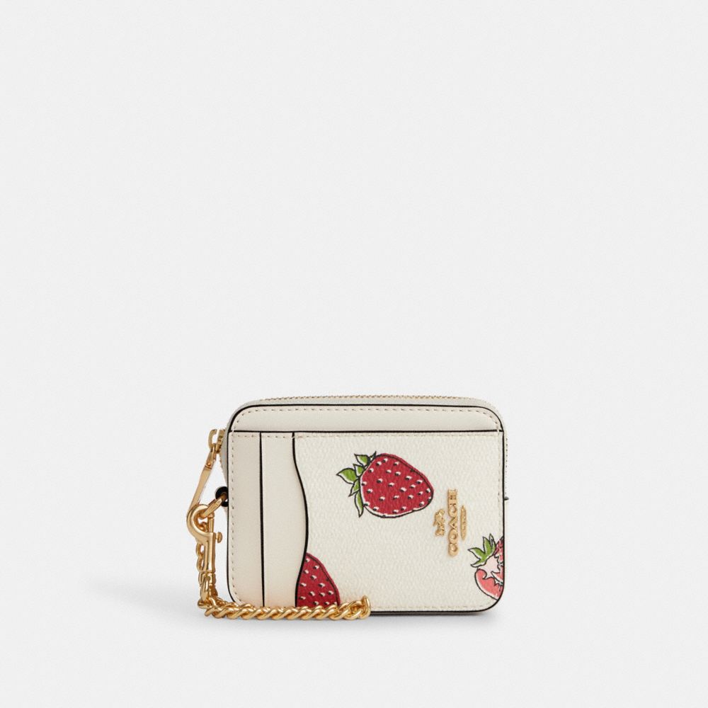 COACH CAR32 Zip Card Case With Strawberry Print GOLD/CHALK MULTI