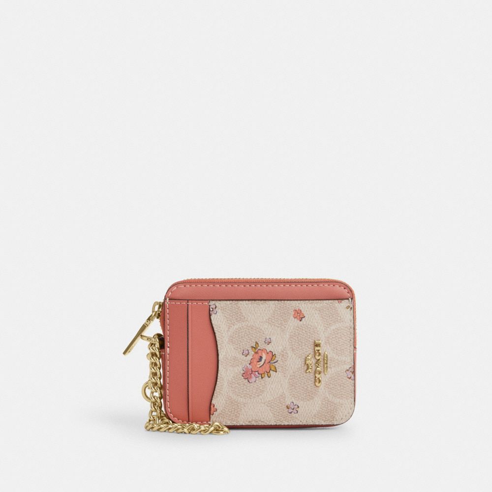 Zip Card Case In Signature Canvas With Floral Print - CAU45 - Gold/Sand Multi