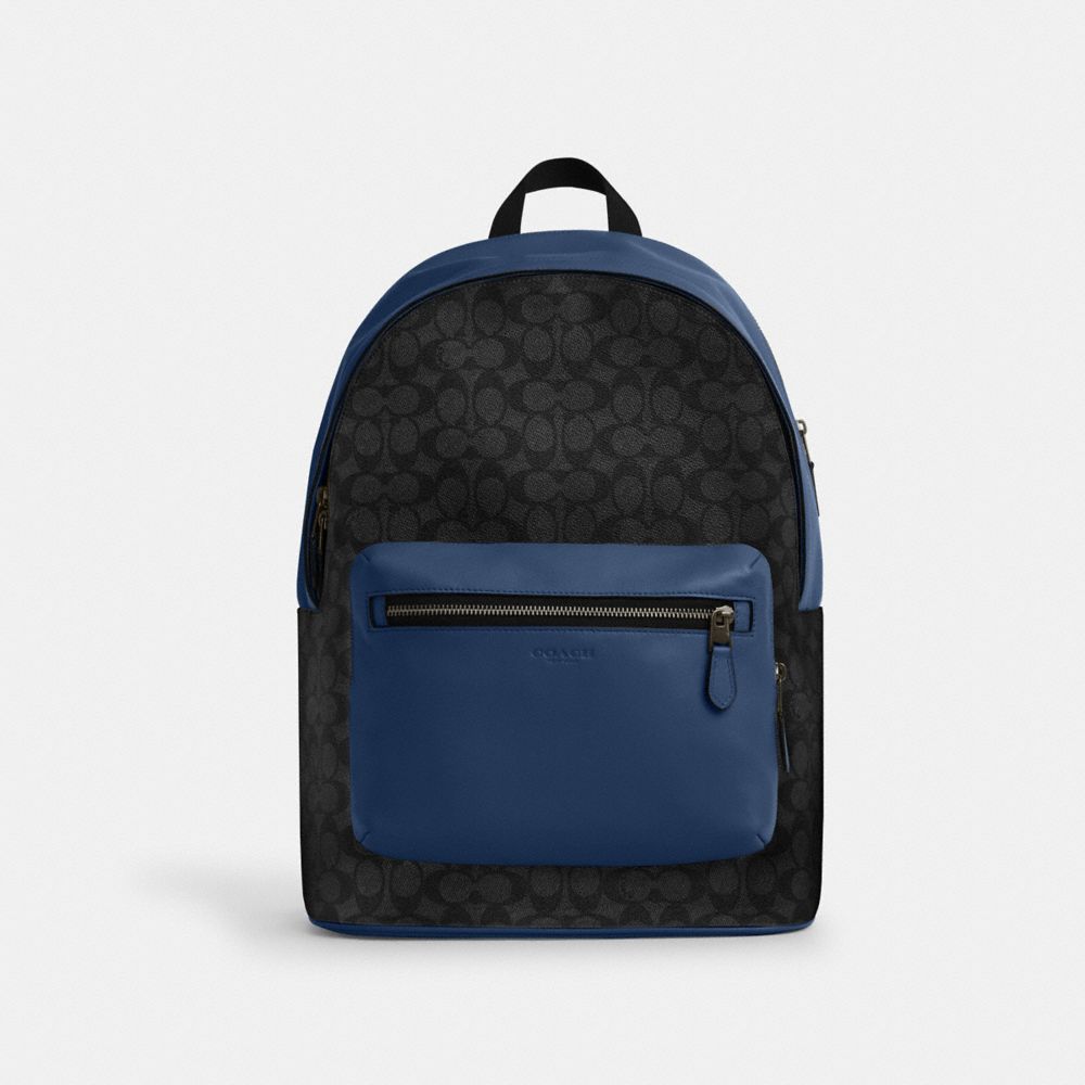 COACH CAX44 West Backpack In Colorblock Signature Canvas QB/CHARCOAL/DEEP BLUE