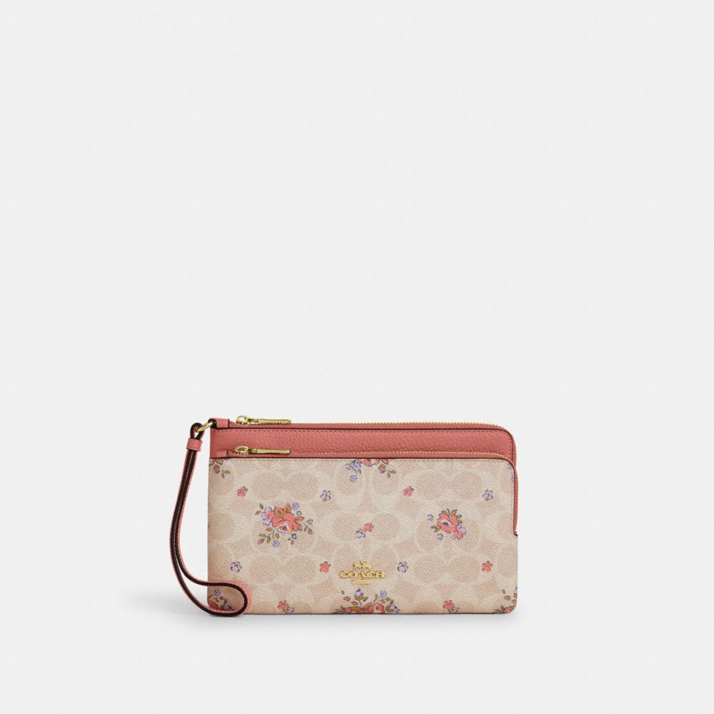 Double Zip Wallet In Signature Canvas With Floral Print - CAY49 - Gold/Sand Multi