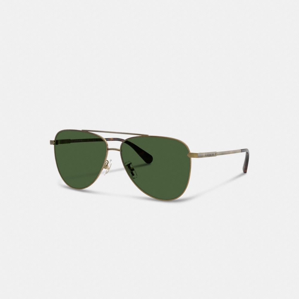 COACH CAY91 C Hardware Metal Pilot Sunglasses GOLD/GREEN