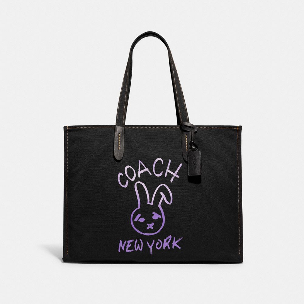 COACH CB020 Tote 42 In 100 Percent Recycled Canvas With Bunny Graphic Brass/Black