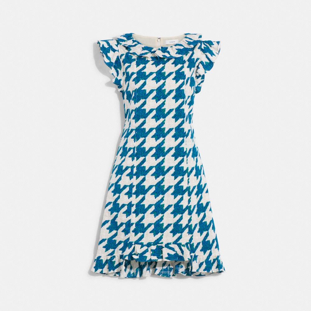 COACH CB141 Ruffle Dress In Textured Plaid Teal/Cream