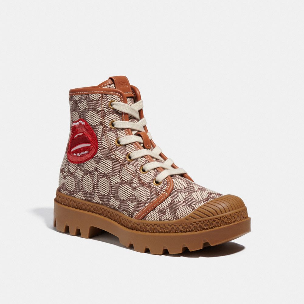 COACH CB250 Coach X Tom Wesselmann Trooper Mid Top Boot In Signature Jacquard Burnished Amber/Coca