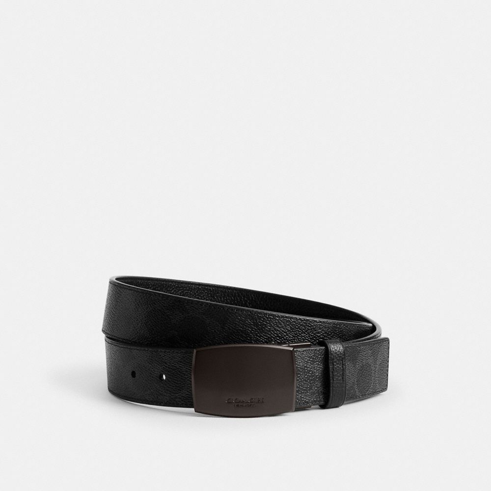 COACH&reg;,Boxed Plaque And Harness Buckle Cut-To-Size Reversible Belt, 38 Mm,Black Signature/Black