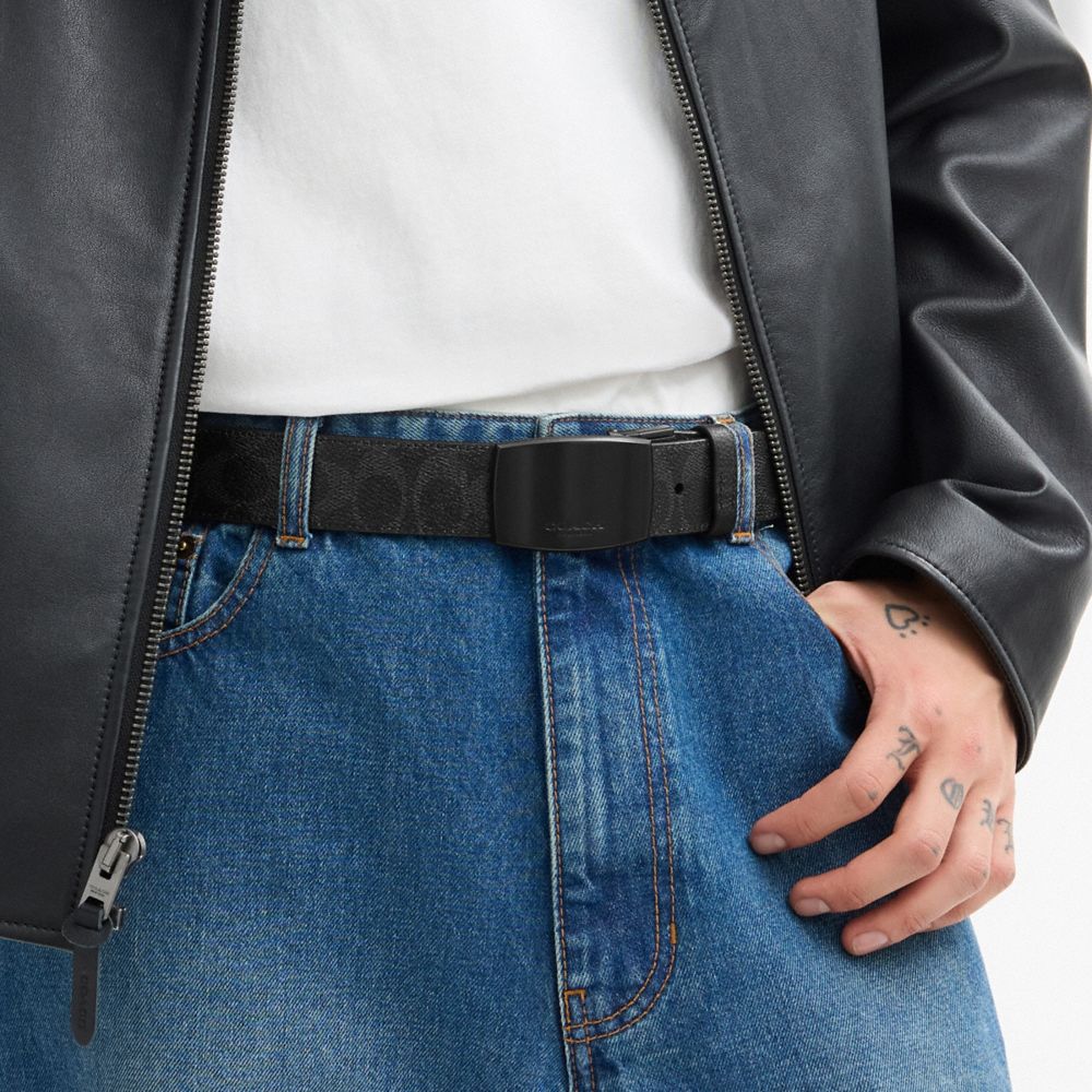 BOXED PLAQUE AND HARNESS BUCKLE CUT-TO-SIZE REVERSIBLE BELT, 38MM
