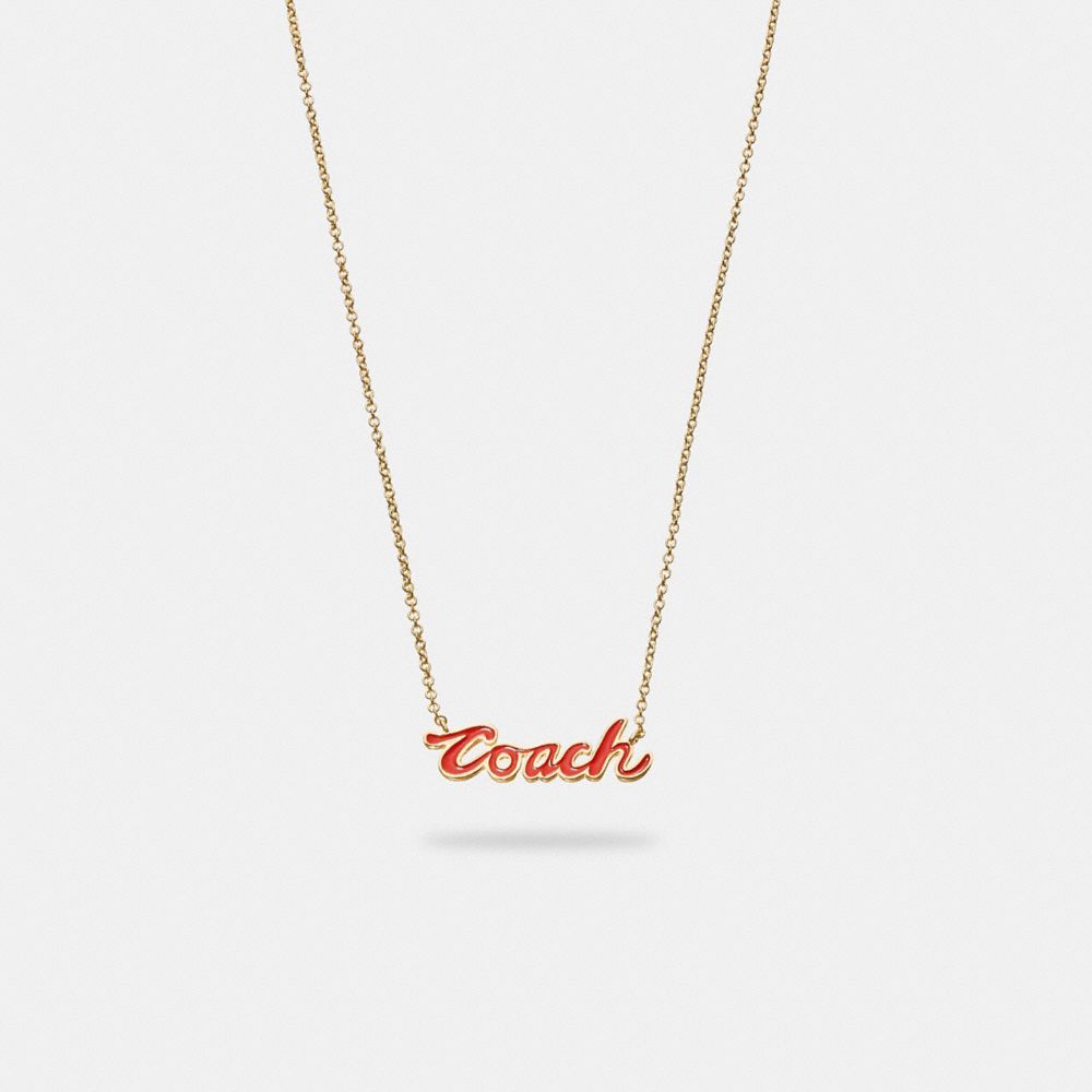 COACH CB396 Logo Script Enamel Necklace RED/GOLD