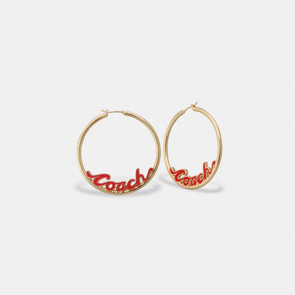 Logo Script Enamel Hoop Earrings - CB398 - RED/GOLD