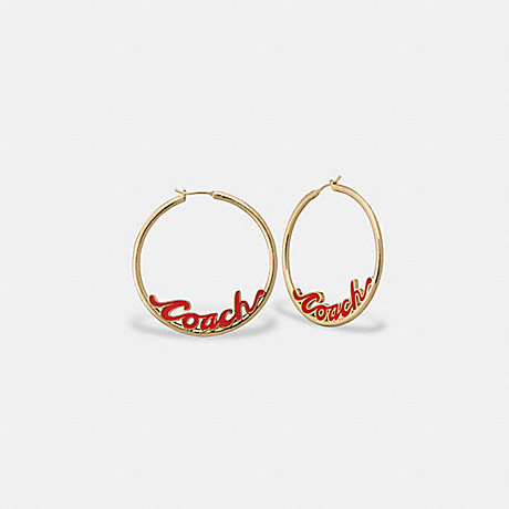 COACH CB398 Logo Script Enamel Hoop Earrings RED/GOLD