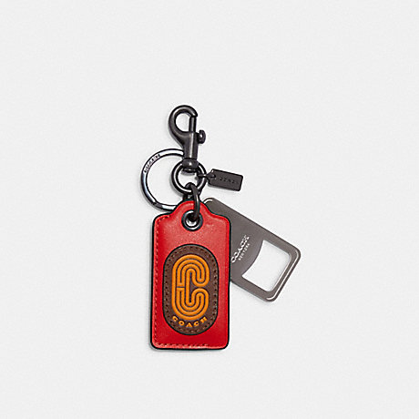 COACH CB409 Bottle Opener Key Fob With Coach Patch GUNMETAL/MIAMI-RED
