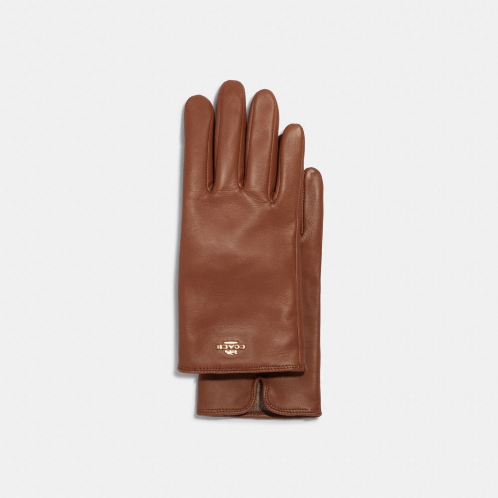 COACH CB434 Coach Plaque Leather Tech Gloves SADDLE