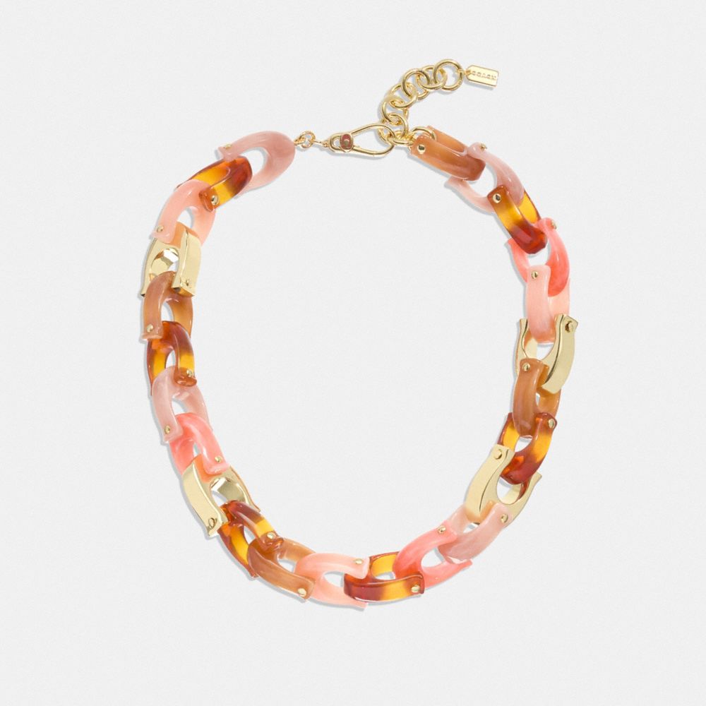 COACH CB444 Chunky Signature Link Necklace Gold/Coral Multi