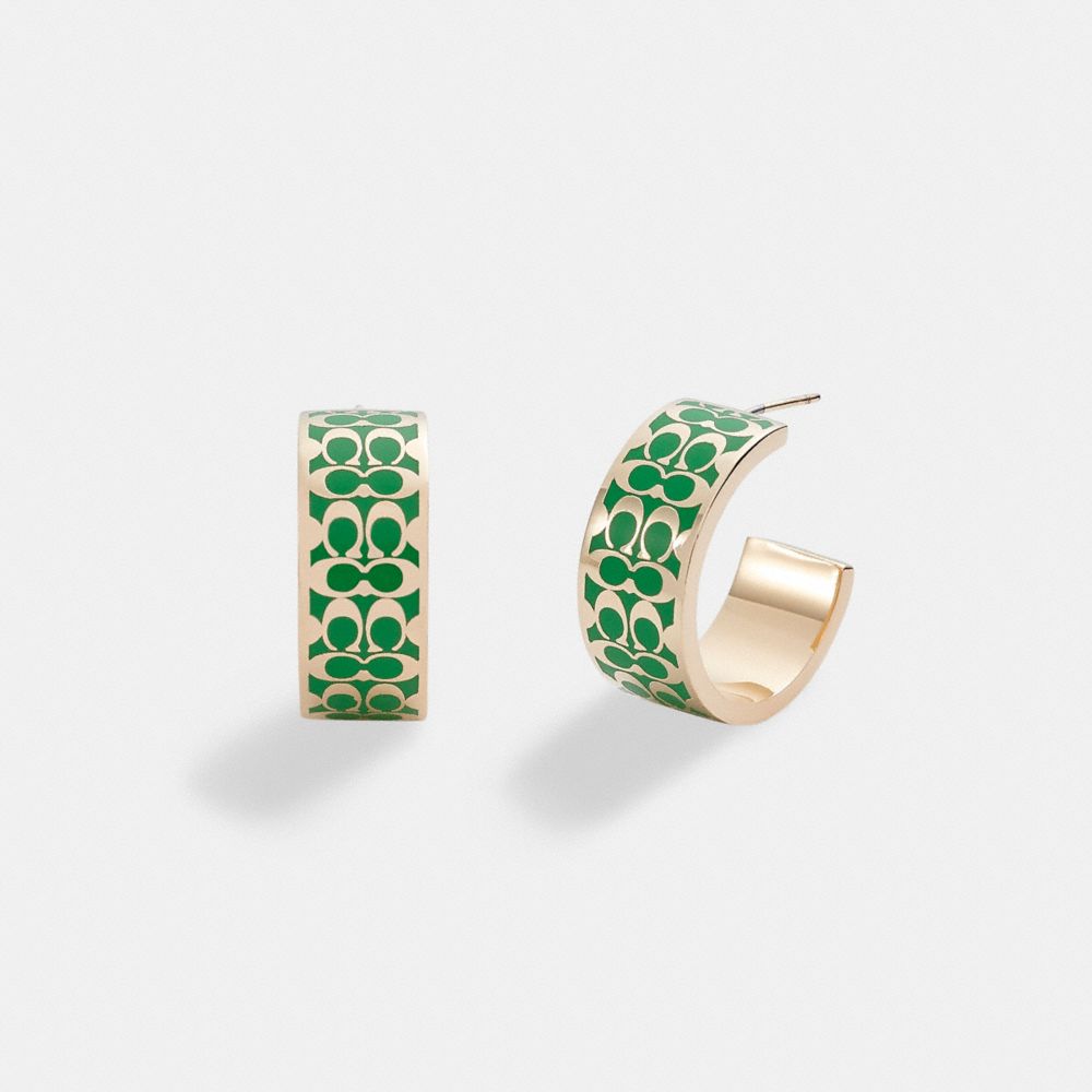 COACH CB453 Signature Enamel Hoop Earrings GOLD/GREEN