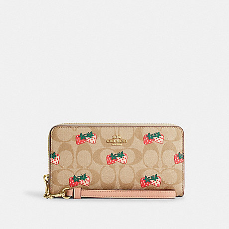 COACH CB593 Long Zip Around Wallet In Signature Canvas With Strawberry Print Gold/Light-Khaki-Multi