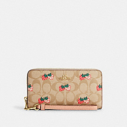 Long Zip Around Wallet In Signature Canvas With Strawberry Print - CB593 - Gold/Light Khaki Multi