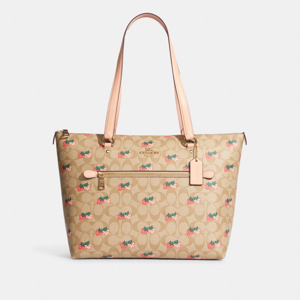 COACH CB595 Gallery Tote In Signature Canvas With Strawberry Print GOLD/LIGHT KHAKI MULTI