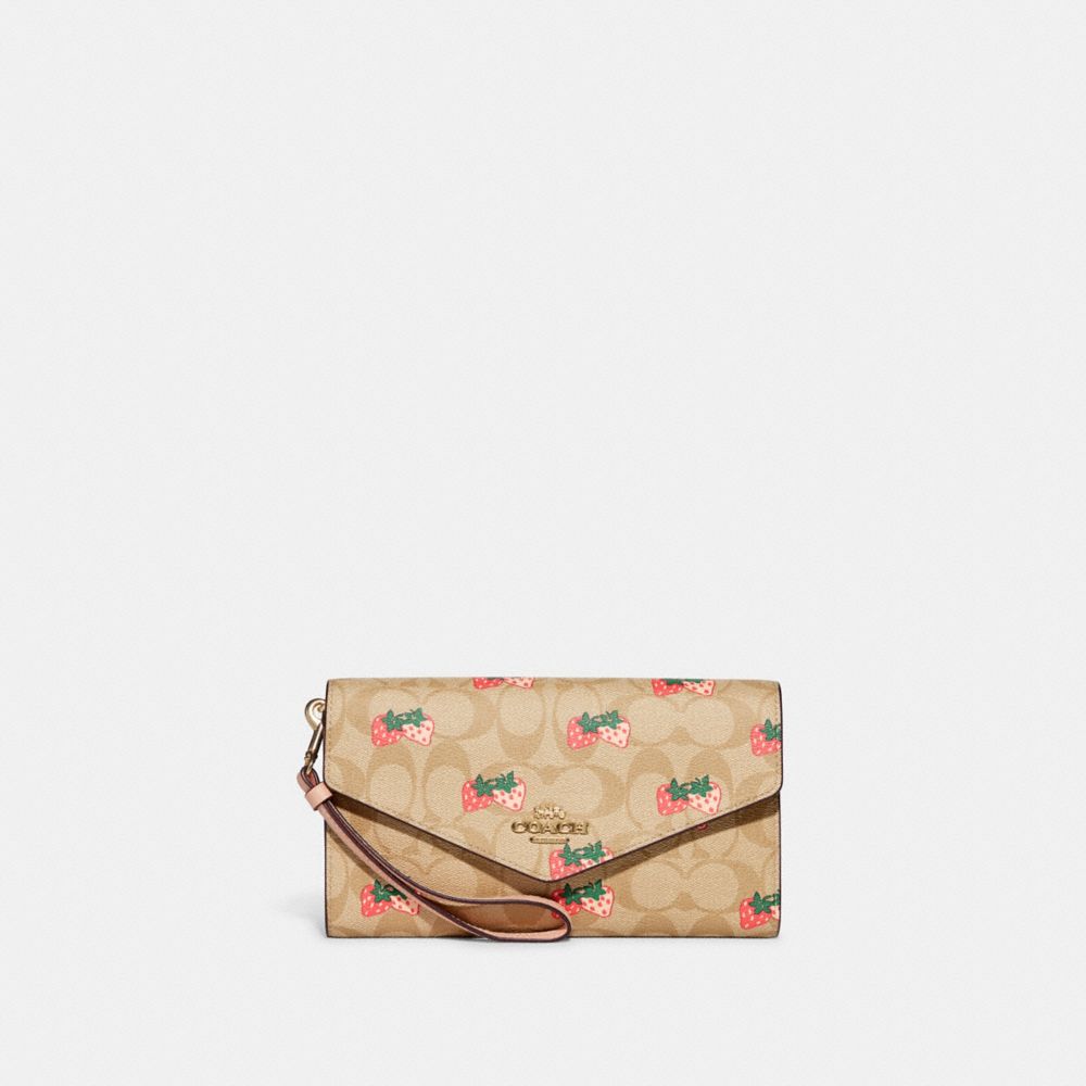 Travel Envelope Wallet In Signature Canvas With Strawberry Print - CB609 - Gold/Light Khaki Multi