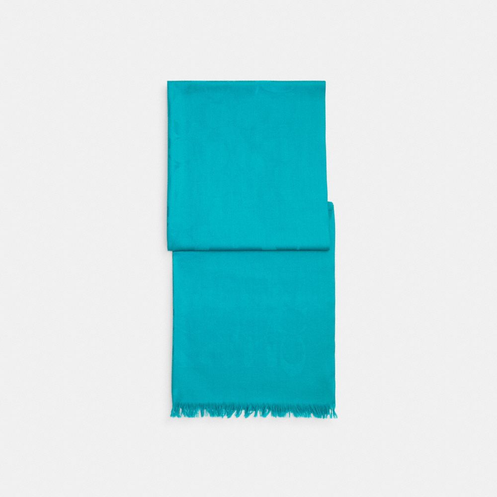 COACH&reg;,Signature Wrap,Wool Blend,Silk,Rectangle,Frayed,Logo,Work,Bright Turquoise