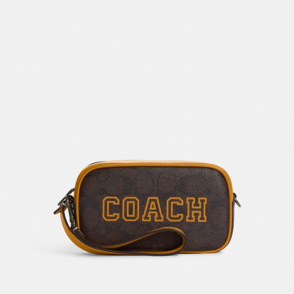 Jamie Wristlet In Signature Canvas With Varsity Motif - CB851 - QB/Brown/Buttercup