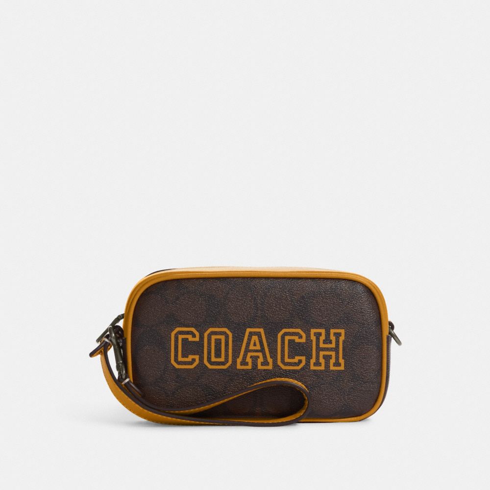 COACH CB851 Jamie Wristlet In Signature Canvas With Varsity Motif QB/Brown/Buttercup