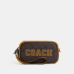 COACH CB851 Jamie Wristlet In Signature Canvas With Varsity Motif QB/BROWN/BUTTERCUP