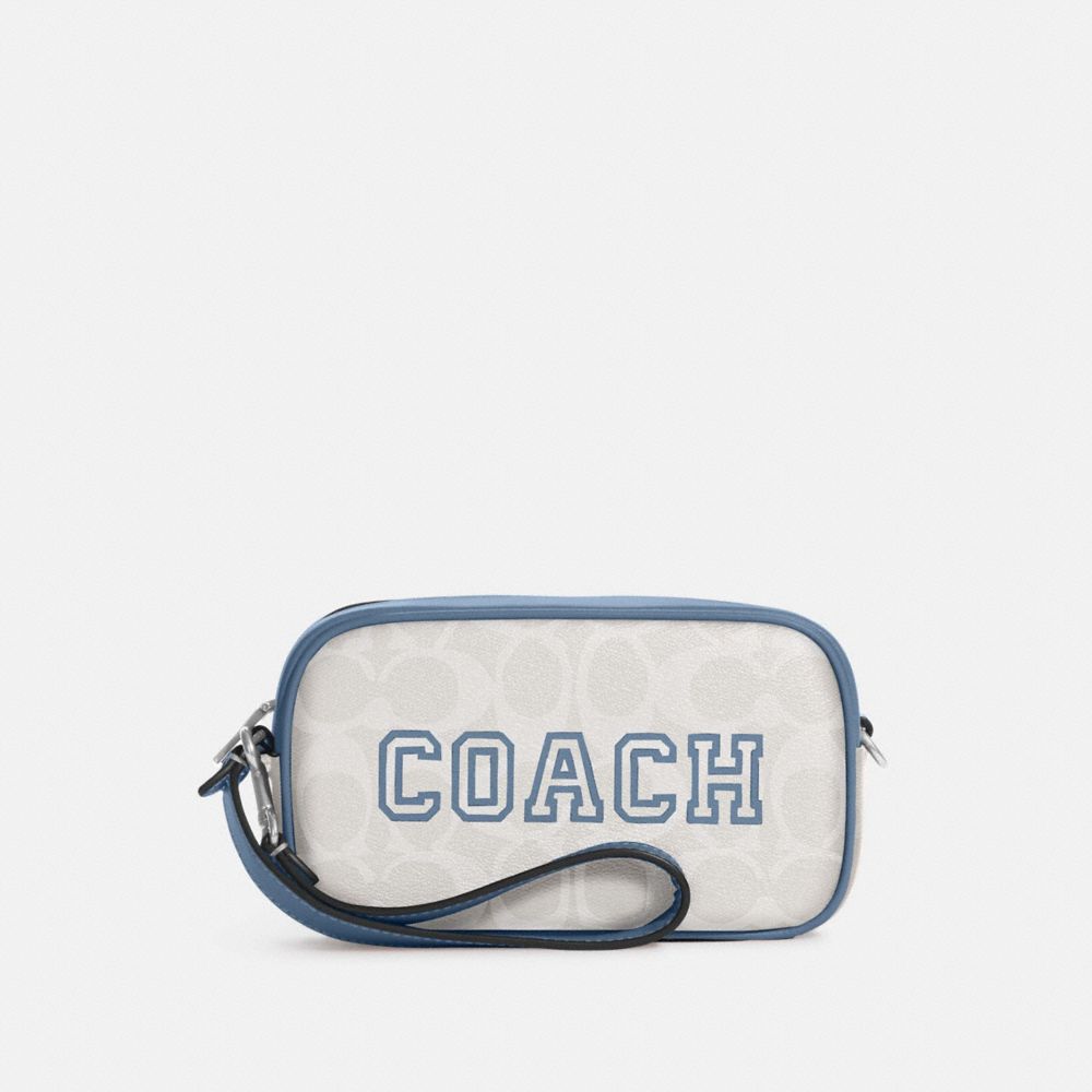 Jamie Wristlet In Signature Canvas With Varsity Motif - CB851 - SV/Chalk/Indigo