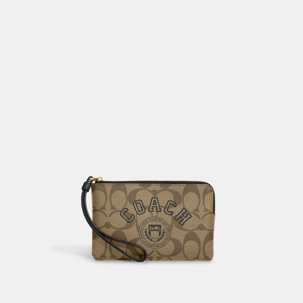 COACH CB855 Corner Zip Wristlet In Signature Canvas With Varsity Motif GOLD/KHAKI/AMAZON GREEN