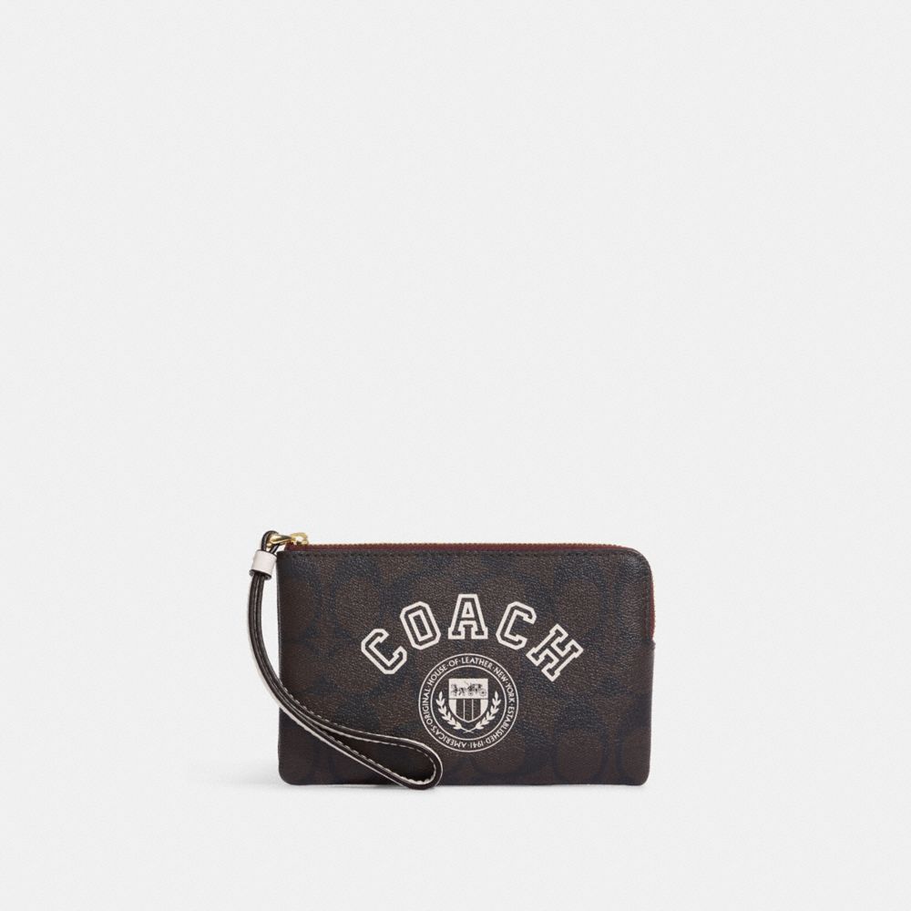 COACH CB855 Corner Zip Wristlet In Signature Canvas With Varsity Motif IM/Brown/Chalk Multi