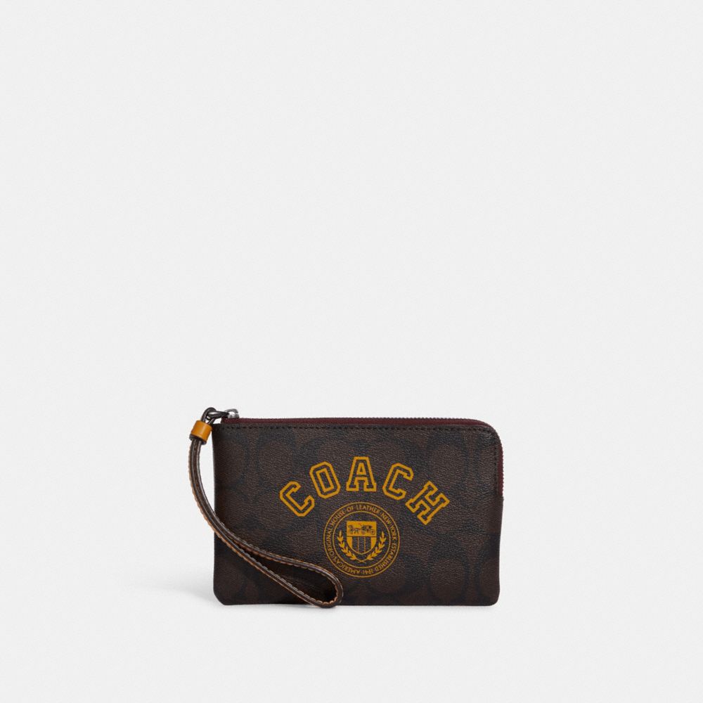 Corner Zip Wristlet In Signature Canvas With Varsity Motif - CB855 - QB/Brown/Buttercup