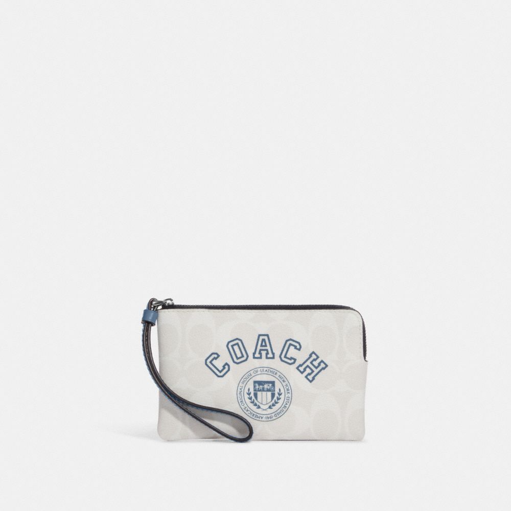 Corner Zip Wristlet In Signature Canvas With Varsity Motif - CB855 - SV/Chalk/Indigo Multi