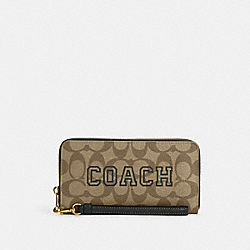 COACH CB856 Long Zip Around Wallet In Signature Canvas With Varsity Motif GOLD/KHAKI/AMAZON GREEN