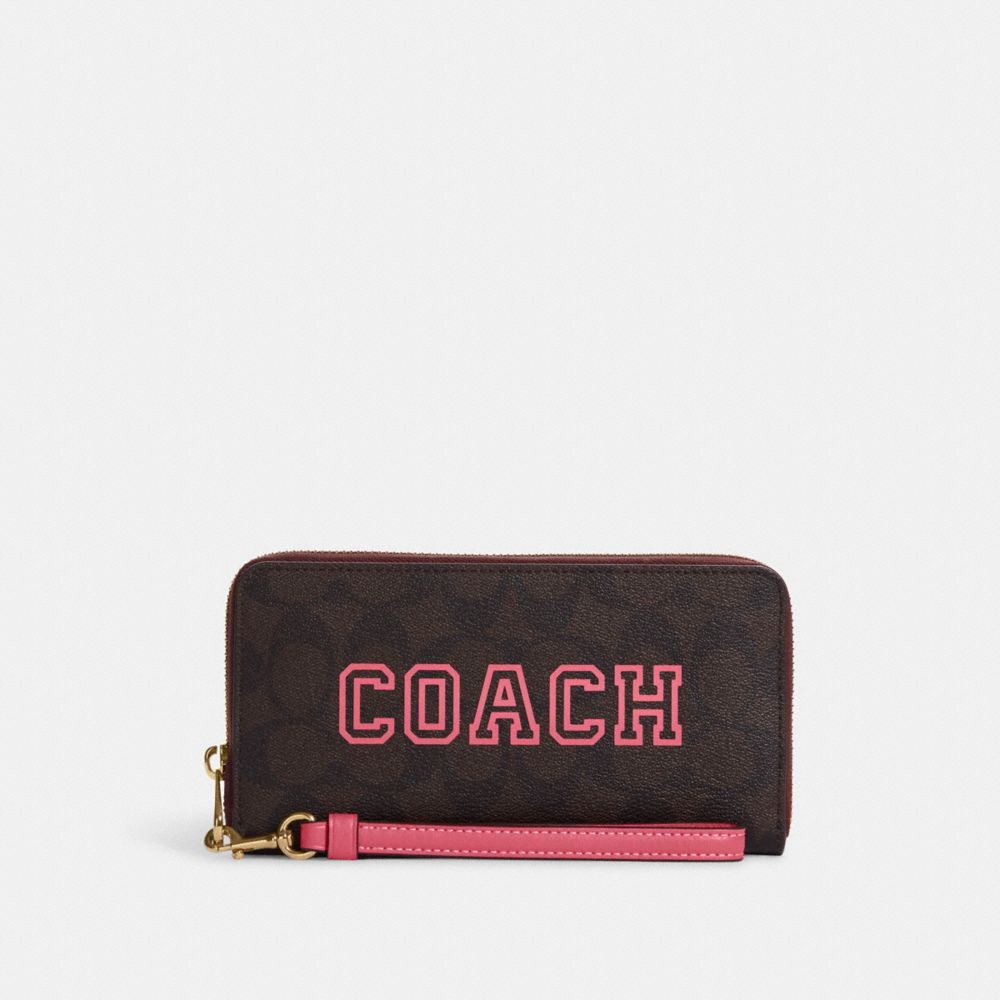 COACH CB856 Long Zip Around Wallet In Signature Canvas With Varsity Motif IM/Brown/Watermelon