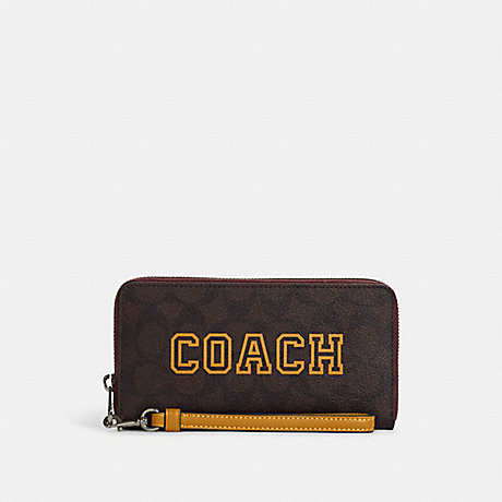 COACH CB856 Long Zip Around Wallet In Signature Canvas With Varsity Motif QB/Brown/Buttercup